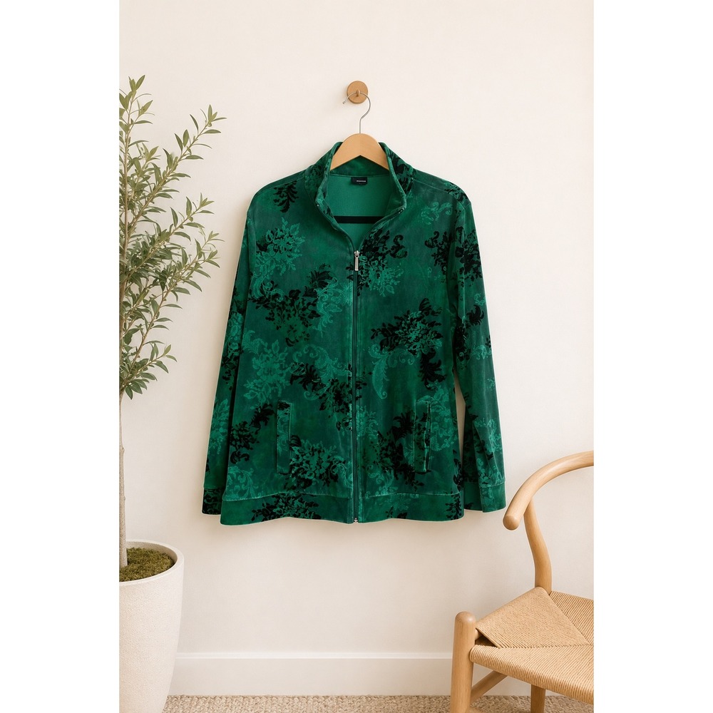 Vintage Green Floral Velour Zip Up Jacket Goblincore Forest Fairy‎ Cottagecore L